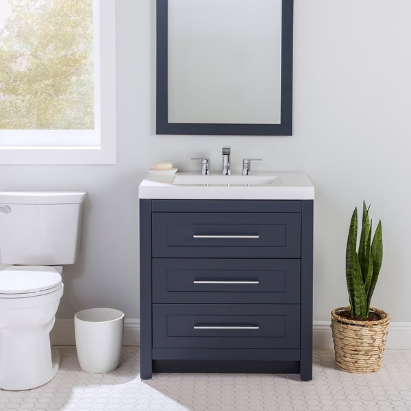 30" Striped Navy Blue Bathroom Vanity with White Ceramic Sink, Wall ...